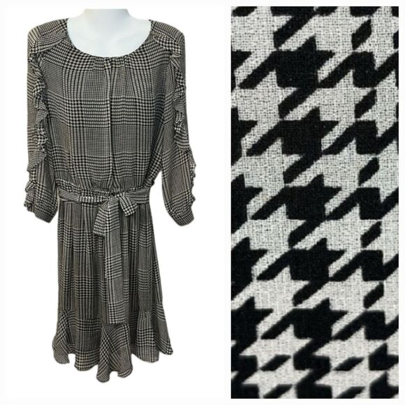 Calvin Klein Women's Houndstooth Ruffled 3/4-Sleeve Chiffon Work Dress Size 12 - Picture 1 of 11